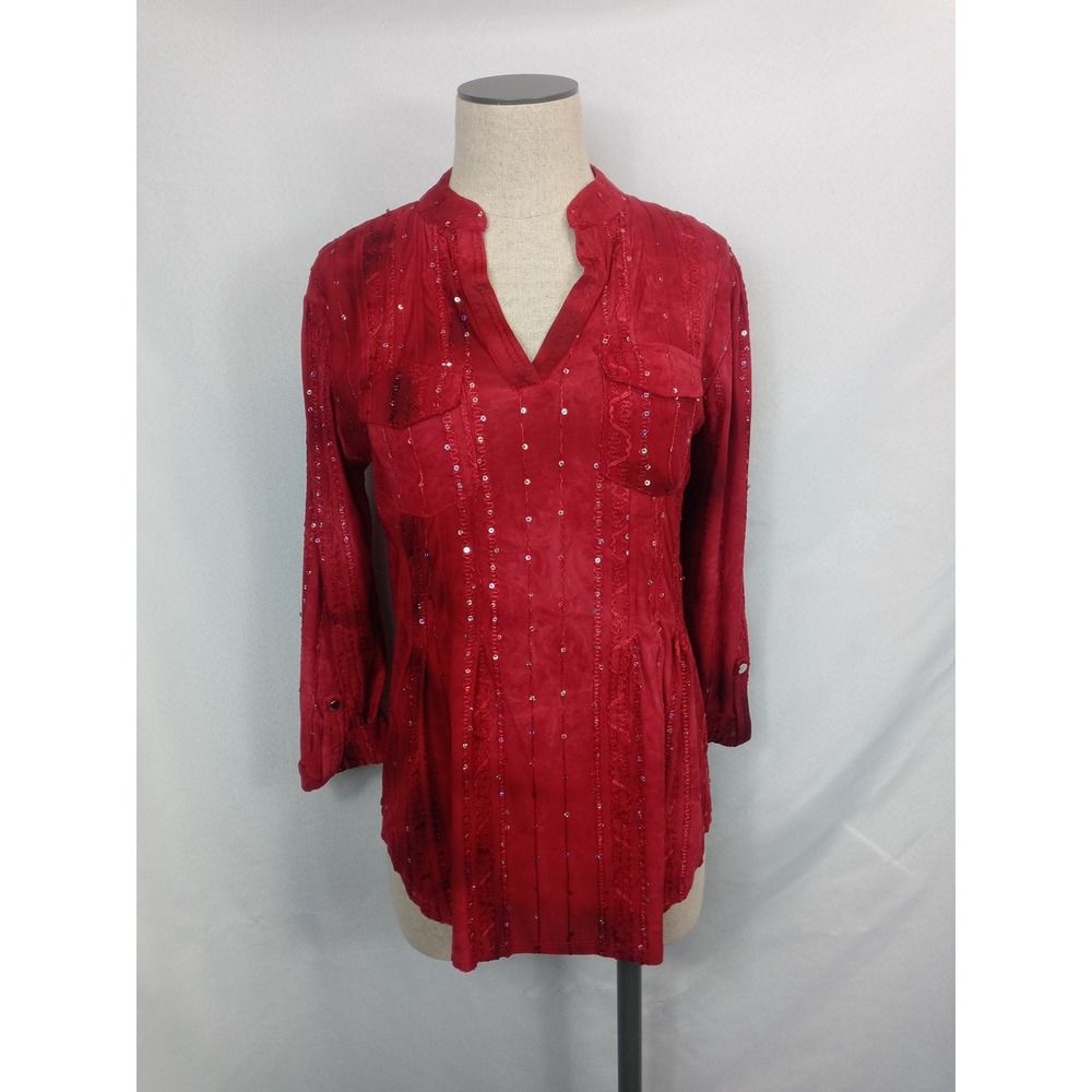New Directions Blouse Size Small‎ – Red Sheer Sequin V-Neck Long Sleeve Top